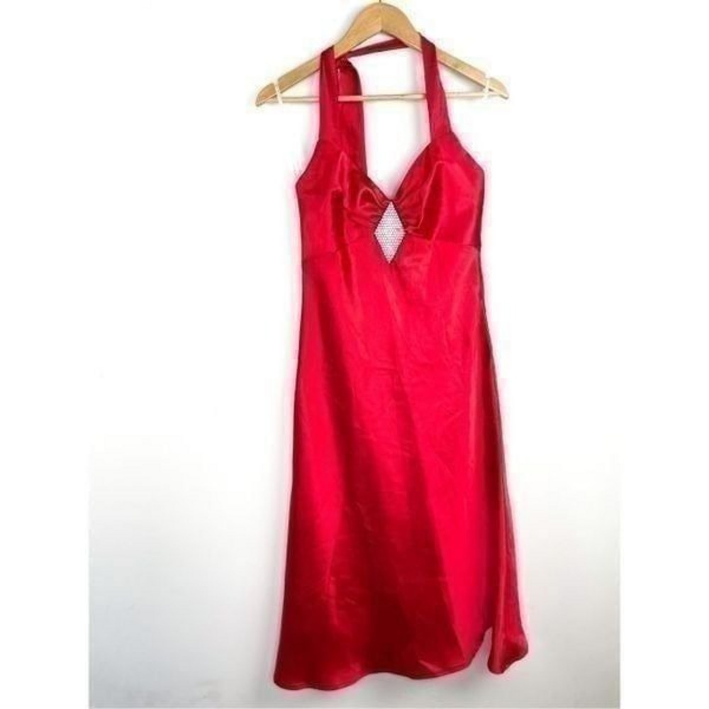 Jessica McClintock for Gunne Sax Red Halter Y2K Formal Party Cocktail Dress